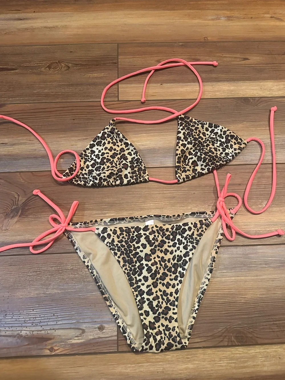 Victoria’s Secret Leopard Print Triangle Bikini with Coral Ties